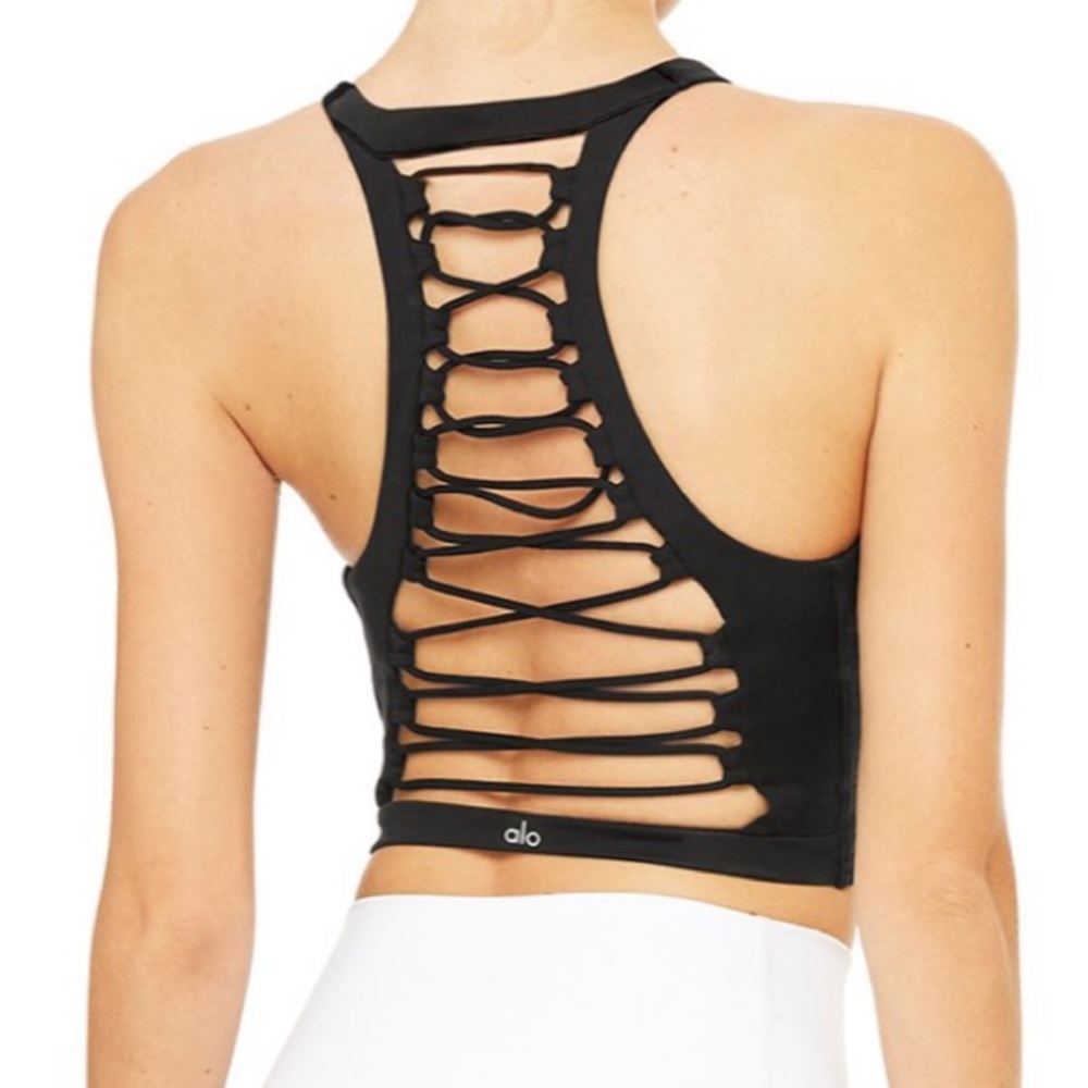ALO Yoga Movement Black Lace Up Crop Sports Bra Medium M